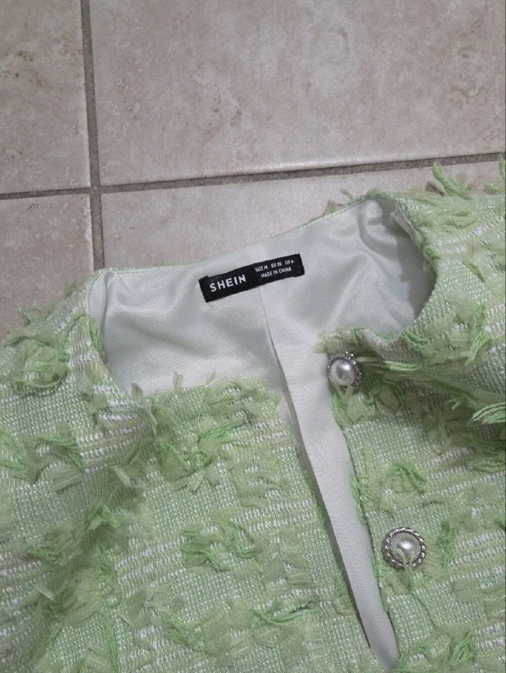 SHEIN Light Green Tweed Two-Piece Skirt Set with Pearl Buttons